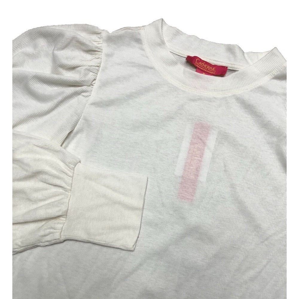 Catherine Malandrino Blouse M White Long Sleeve Top Ribbed High Neck Sheer NEW‎